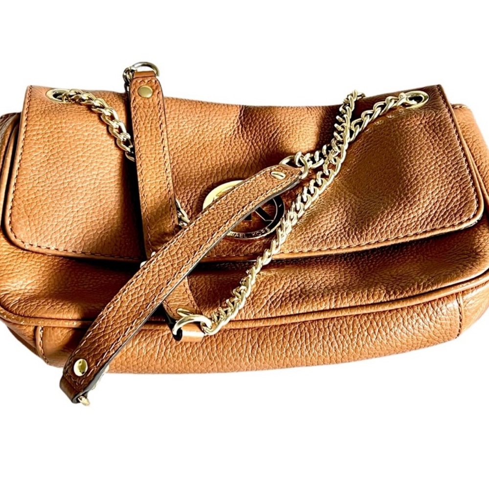Michael Kors Tan Leather Small Shoulder Crossbody Bag Gold Chain MK Logo - Picture 4 of 10